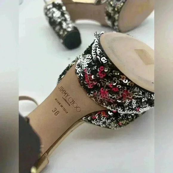 Jimmy Choo London Peachy Peep Toe Sparkle Heels Size 38 Silver Sequins Gold - Picture 15 of 16